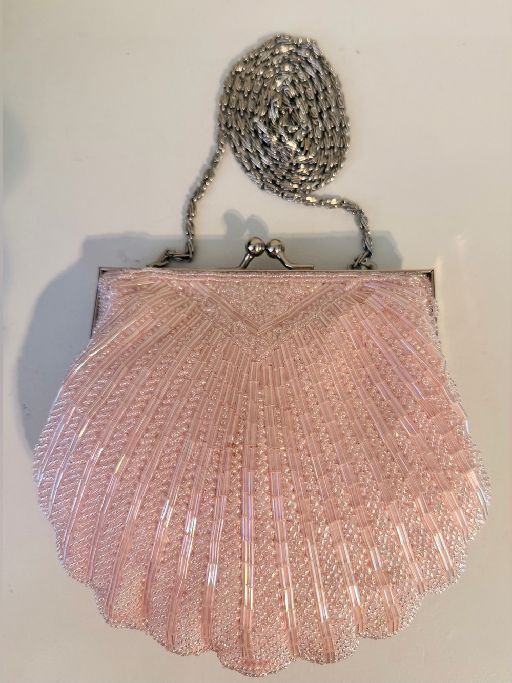 Pink Shell Beaded Evening Bag w Silver Trim & Crossbody Chain Strap